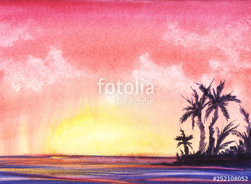 500x366 Abstract Watercolor Landscape Dark Silhouette Of A Tropical - Palm Tree Sunset Drawing