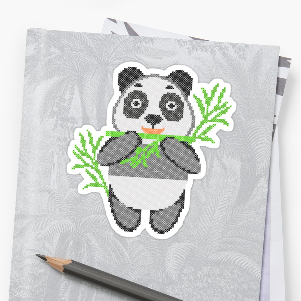1000x1000 panda in style embroidery panda eating bamboo stickers - Panda Eating Bamboo Drawing