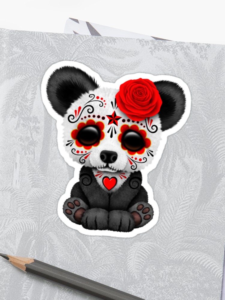 750x1000 Red Day Of The Dead Sugar Skull Panda On Yellow Sticker - Panda Skull Drawing
