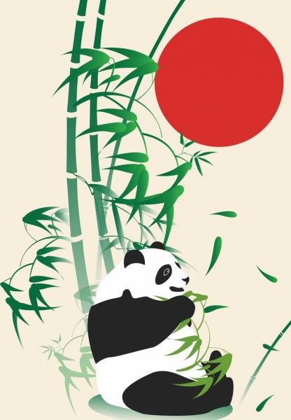 416x600 wild nature drawing panda bamboo red sun decoration free vector - Panda With Bamboo Drawing