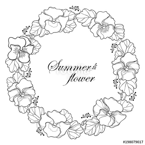 500x500 vector round wreath with outline pansy or heartsease or viola - Pansy Line Drawing
