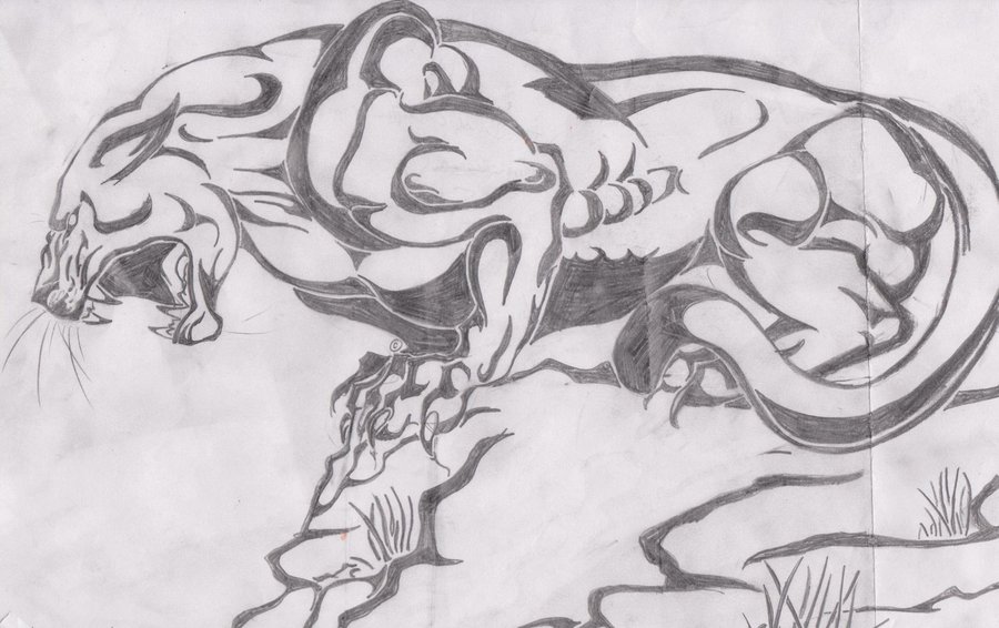 900x566 Outline Angry Panther Tattoo Design - Panther Drawing Outline