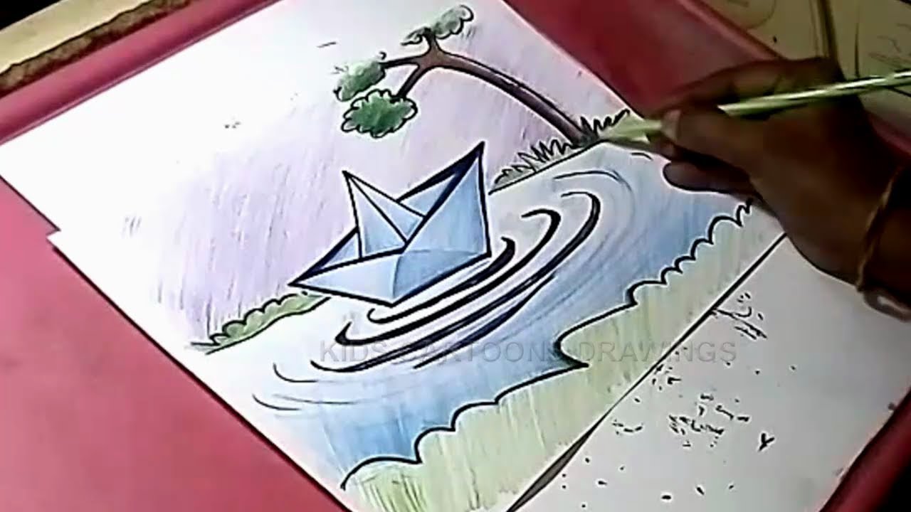 1280x720 How To Draw Paper Boat And Water Drawing For Kids - Paper Boat Drawing