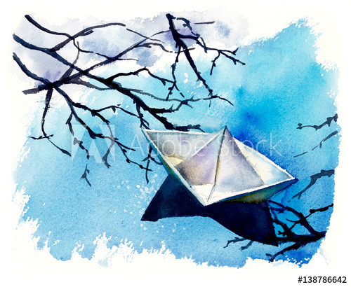 500x410 paper boat, water backdrop hand drawing watercolor illustration - Paper Boat Drawing