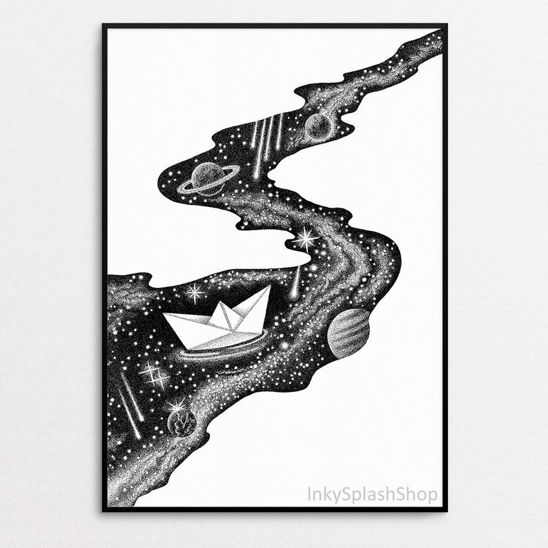 794x794 space print surreal art paper boat stars river drawing modern etsy - Paper Boat Drawing