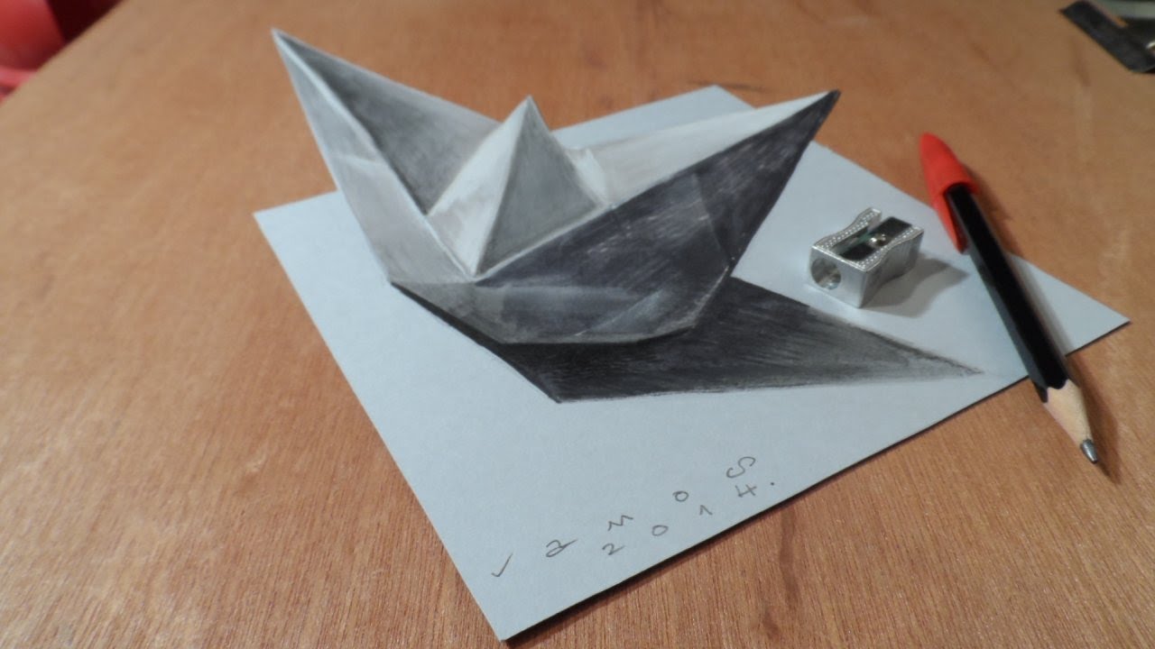 1280x720 Drawing A Paper Ship, Optical Illusion - Paper Boat Drawing