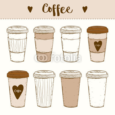 400x400 vector set with paper coffee cups design elements, sketch - Paper Coffee Cup Drawing