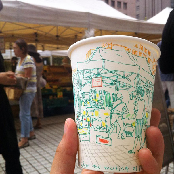 605x605 illustrator draws tokyo street scenes on paper cups - Paper Cup Drawing