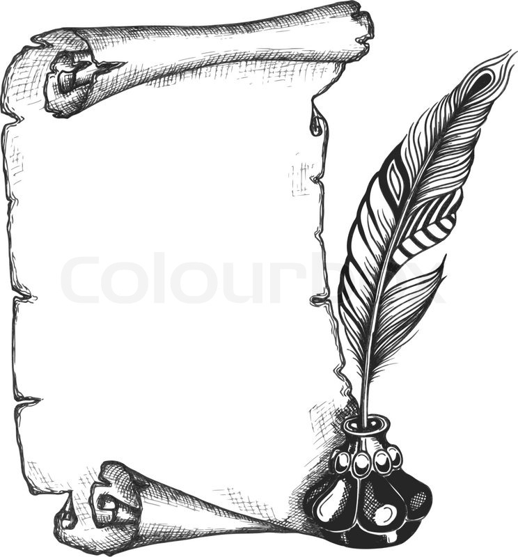 744x800 paper scroll, feather and inkwell in a stock vector colourbox - Paper Scroll Drawing