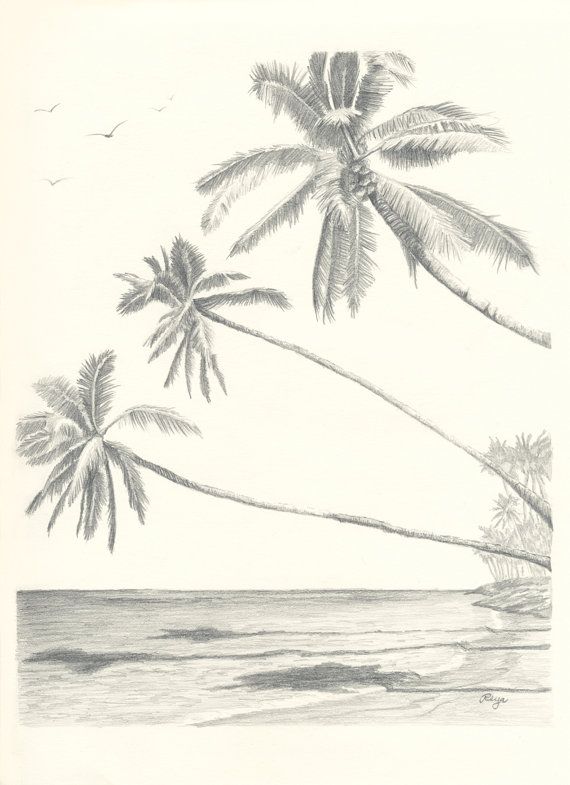 570x785 hawaii paradise three palm tree beach pencil drawing print kid - Paradise Drawing