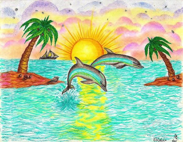 599x464 tropical dolphins in paradise drawing - Paradise Drawing
