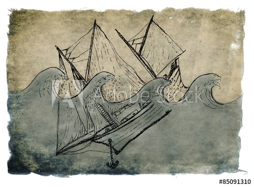 500x368 ship sinking, artistic ink and watercolor drawing on parchment - Parchment Paper Drawing