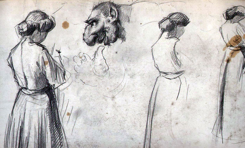 826x500 woman with ogre drawing - Parchment Paper Drawing