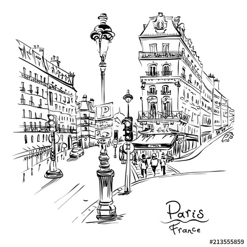 500x500 vector black and white hand drawing paris street with traditional - Paris Black And White Drawing