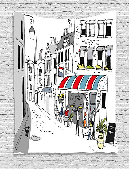 420x550 ambesonne paris decor tapestry, drawing of a street - Paris Cafe Drawing
