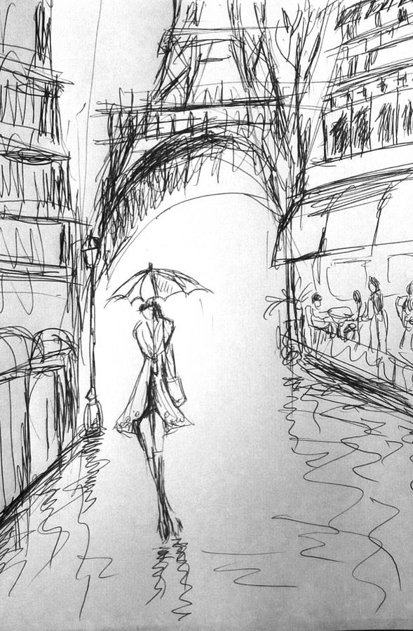 589x900 Rainy Day At The Paris Drawing - Paris Drawing