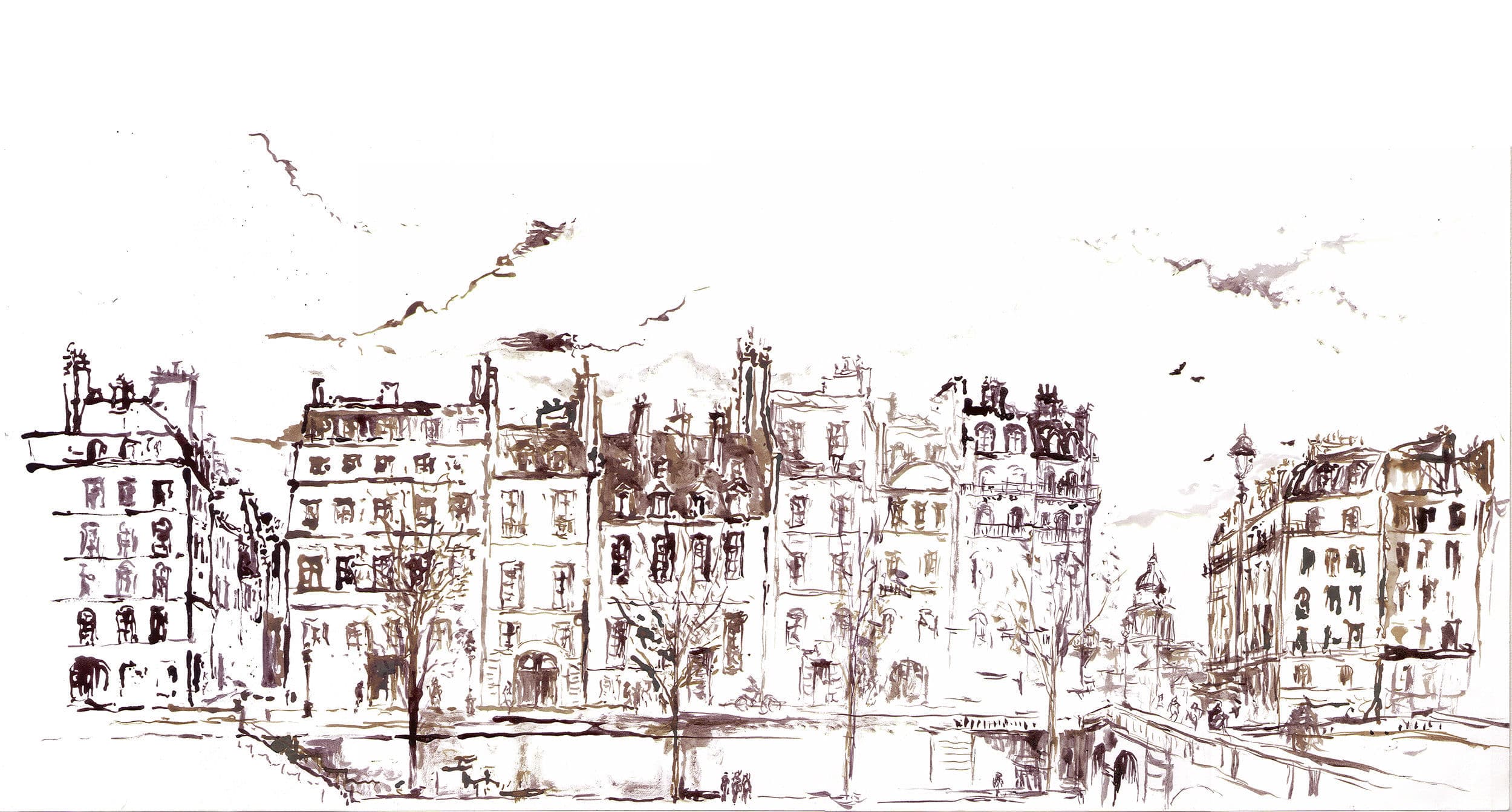 2500x1342 original design wallpaper urban motif sketch printed - Paris Drawing Wallpaper