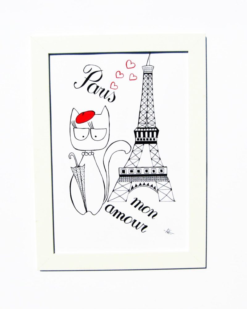 800x1000 drawing handmade cat and eiffel tower, holiday in paris art and cat - Paris Eiffel Tower Drawing