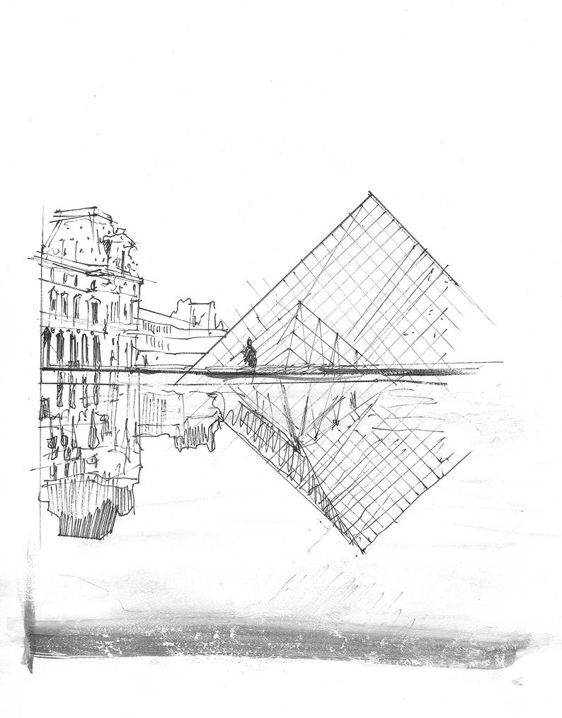 794x1013 drawing of the louvre museum palace in paris france etsy - Paris France Drawing