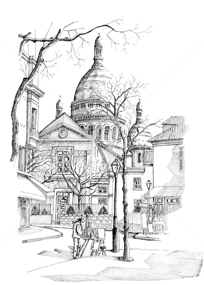 857x1200 montmartre paris france drawing - Paris France Drawing