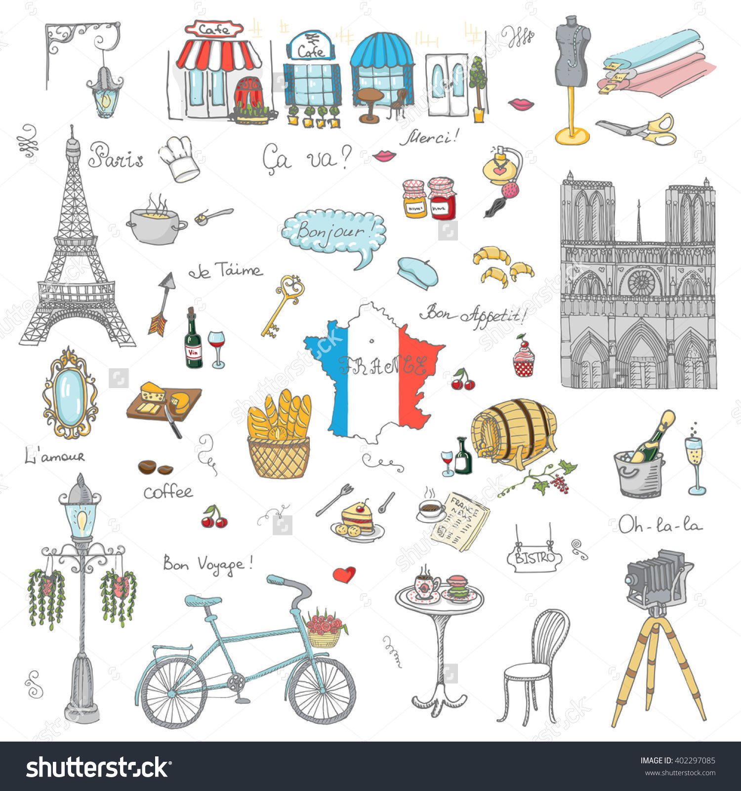 1500x1600 Set Of Hand Drawn French Icons, Paris Sketch Vector Illustration - Paris France Drawing