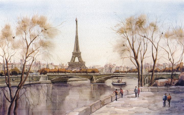 720x450 wallpaper france, drawing, bridge, eiffel tower, paris, river - Paris France Drawing