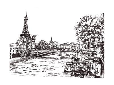 400x300 Paris River Hand Draw Art Print - Paris Skyline Drawing