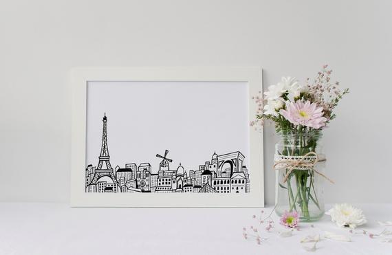 570x371 paris skyline art print paris skyline drawing eiffel tower etsy - Paris Skyline Drawing