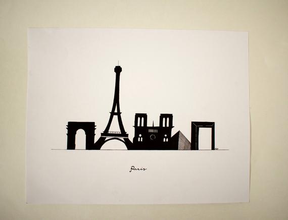570x436 Paris Skyline Ink Drawing Art Print Etsy - Paris Skyline Drawing