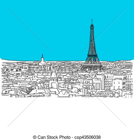 450x470 Paris Skyline, Hand Drawn Vector Drawing, Blue Series - Paris Skyline Drawing