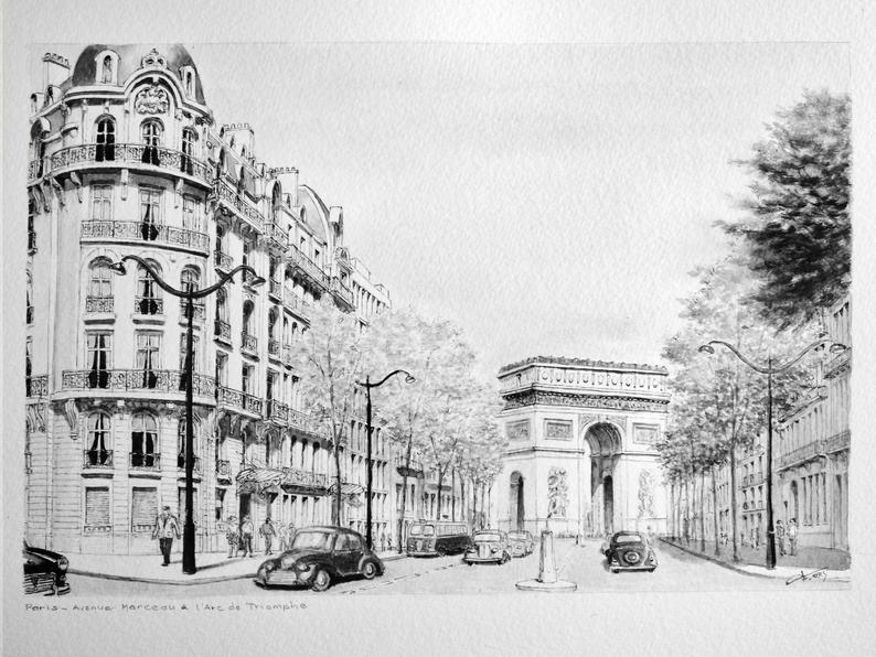 794x596 paris street scene arc de triomphe original drawing etsy - Paris Street Drawing