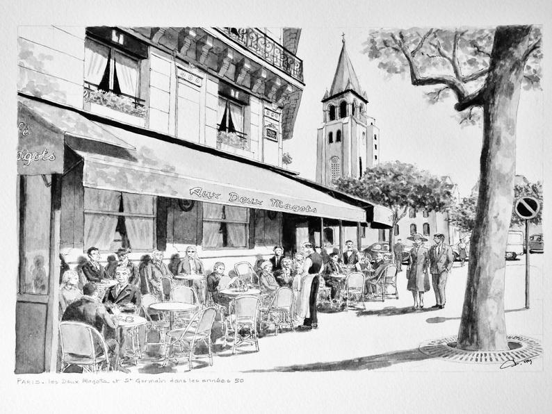 794x596 paris vintage original drawing paris street scene st germain etsy - Paris Street Drawing