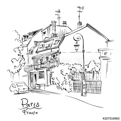 500x500 vector black and white hand drawing paris street with traditional - Paris Street Drawing