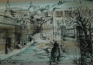 300x210 vintage mid century ink drawing of a paris street scene - Paris Street Drawing