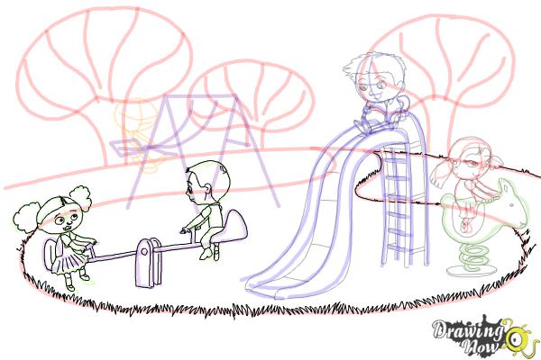 600x400 how to draw kids playing in a playground - Park Drawing
