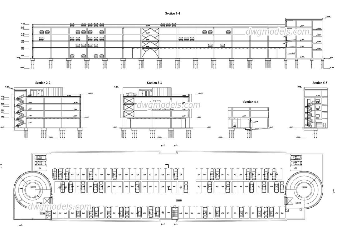 1080x760 parking plan, section autocad dwg, drawings download, blocks - Parking Drawing