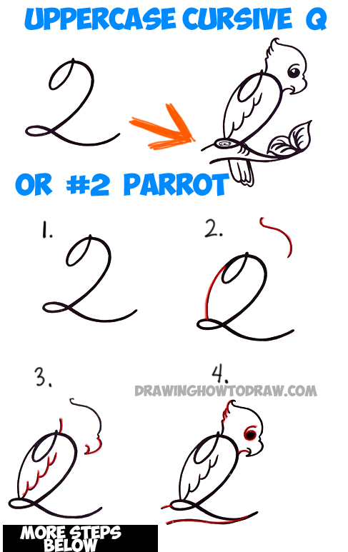 487x773 how to draw cartoon parrot from number or capital cursive letter - Parrot Drawing Easy