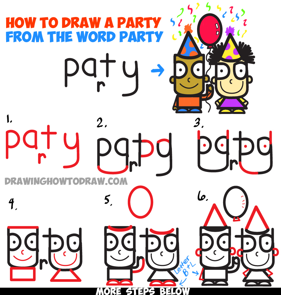 961x1007 how to draw cartoon kids partying from the word party in easy - Party Drawing