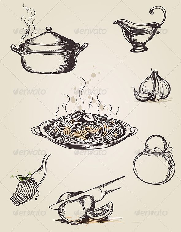 590x758 vintage hand drawn pasta nool in drawings, how to draw - Pasta Drawing