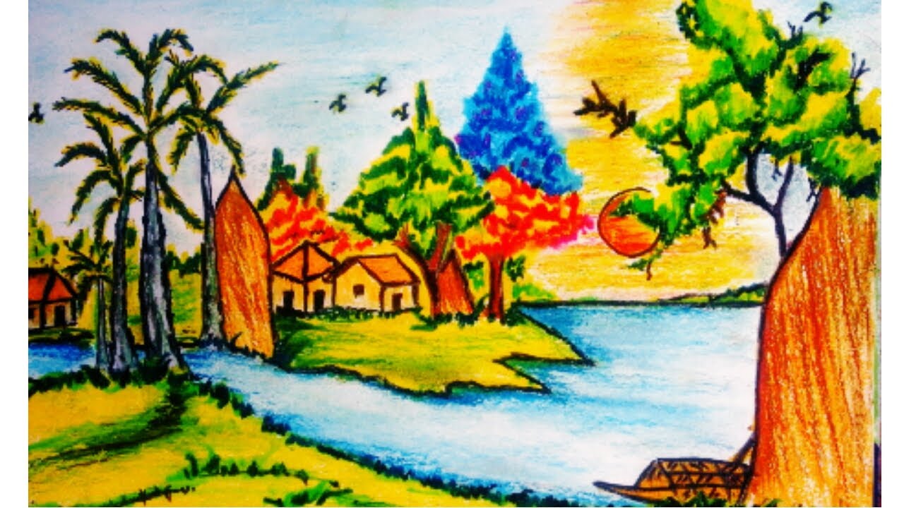 1280x720 how to draw a village scenery drawing with pastel colour - Pastel Colour Drawing