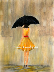 228x300 Original Yellow Dress Girl Pastel Drawing Crossley Woman Umbrella - Pastel Drawing
