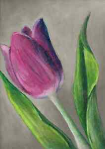 212x300 unusual original signed oil pastel pink tulip drawing of flower - Pastel Drawing
