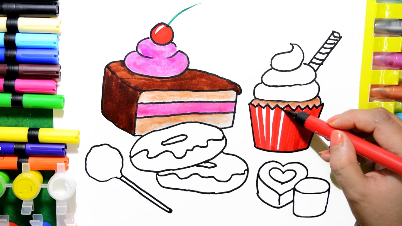 1280x720 how to draw color paint chocolate, cupcake, pastry, donuts - Pastry Drawing