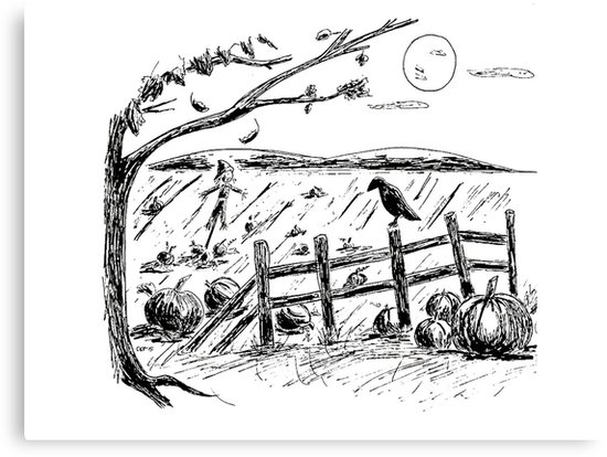 550x414 pumpkin patch autumn ink drawing illustration fall art canvas - Patch Drawing