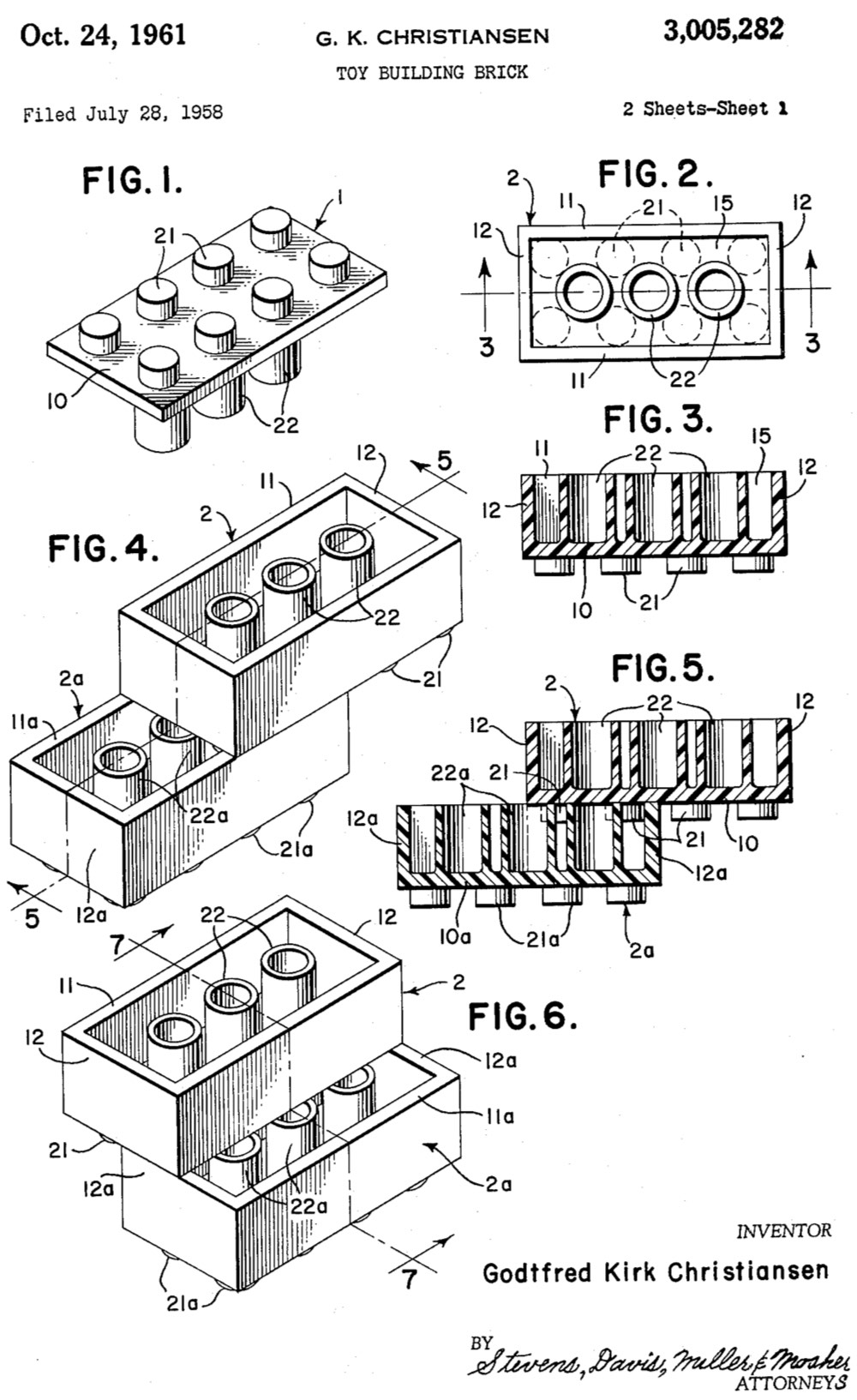 1000x1633 the original us patent drawing for the lego brick, filed years ago - Patent Drawings