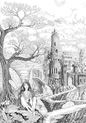 353x500 Fairy Pathway Ink Line Drawing, Original Drawing - Pathway Drawing