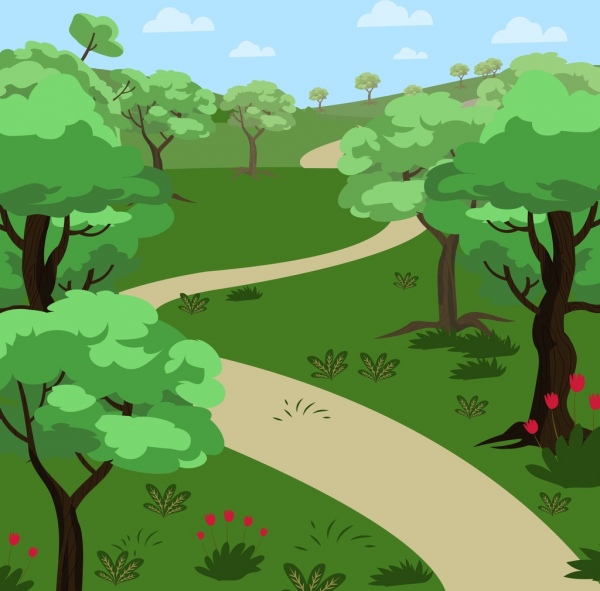 600x591 Natural Landscape Drawing Green Tree Pathway Icons Free Vector - Pathway Drawing