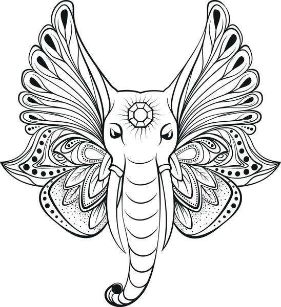 548x600 elegant elephant with peacock pattern ears and lotus flower collar - Pattern Elephant Drawing