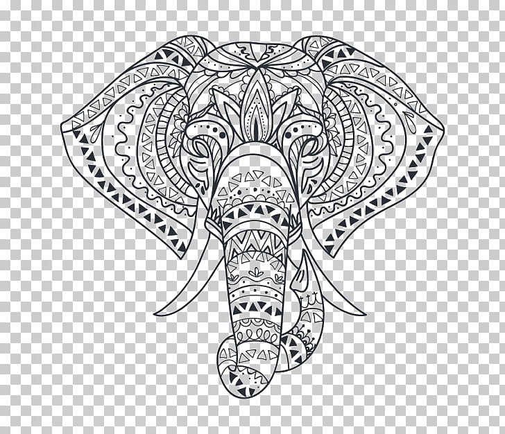 728x626 Wall Decal Elephant Drawing, Style Black And White Line Drawing - Pattern Elephant Drawing