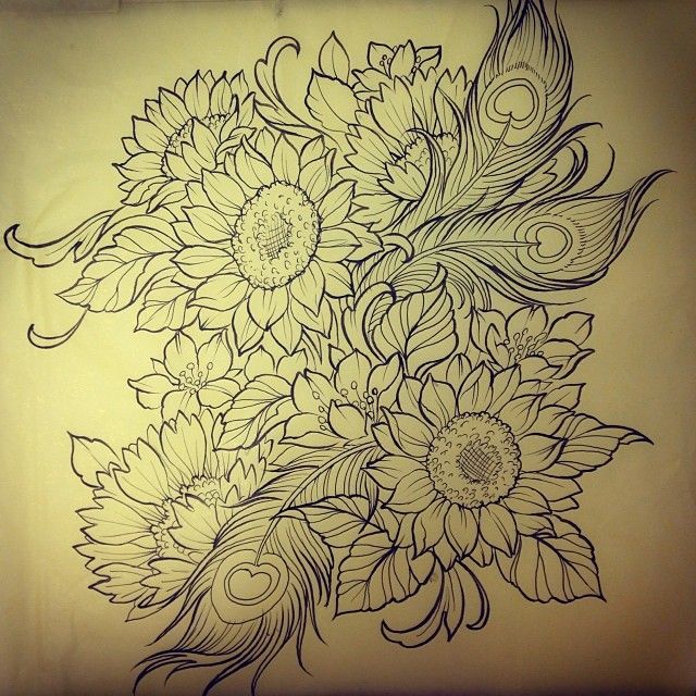 640x640 Flowers Drawings Wildflower Peacock Feather Tattoo Design - Peacock And Flower Drawing Tattoo